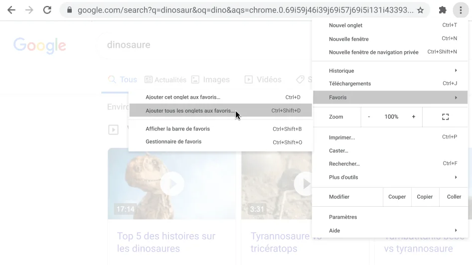 Fenêtre du navigateur Chrome avec une boîte de dialogue affichant l'option 