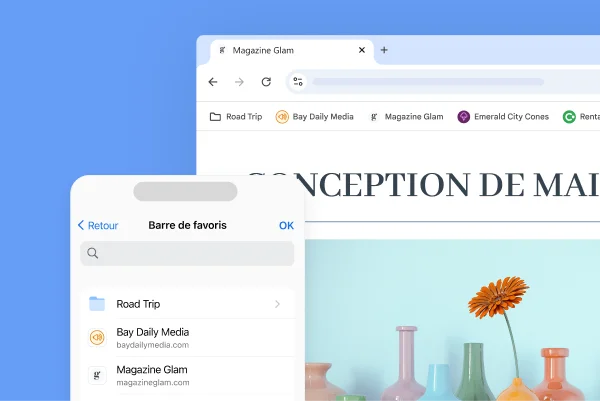 Barre de favoris Chrome sur un écran d'ordinateur et un téléphone mobile
